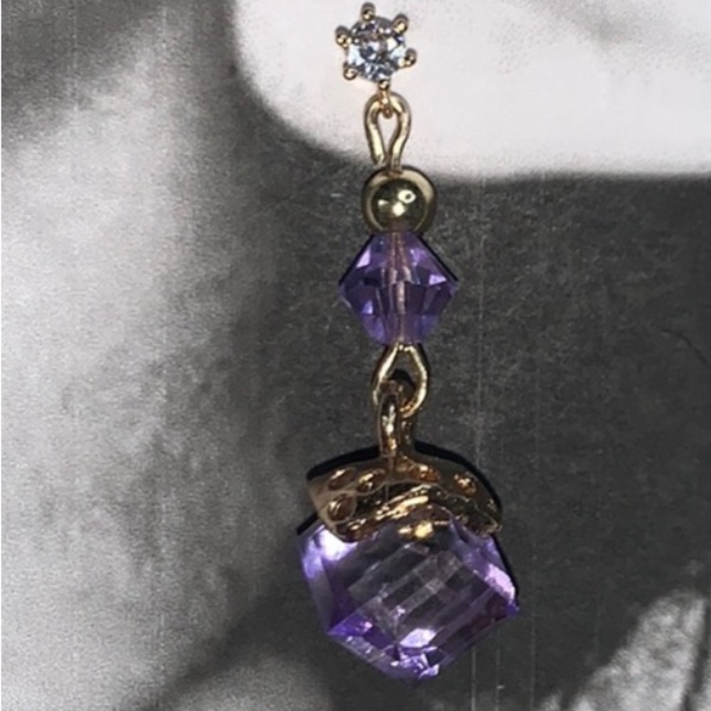 Cubic Zirconia Post Stud With Dangling Drop Purple Cubic Crystal Pendant